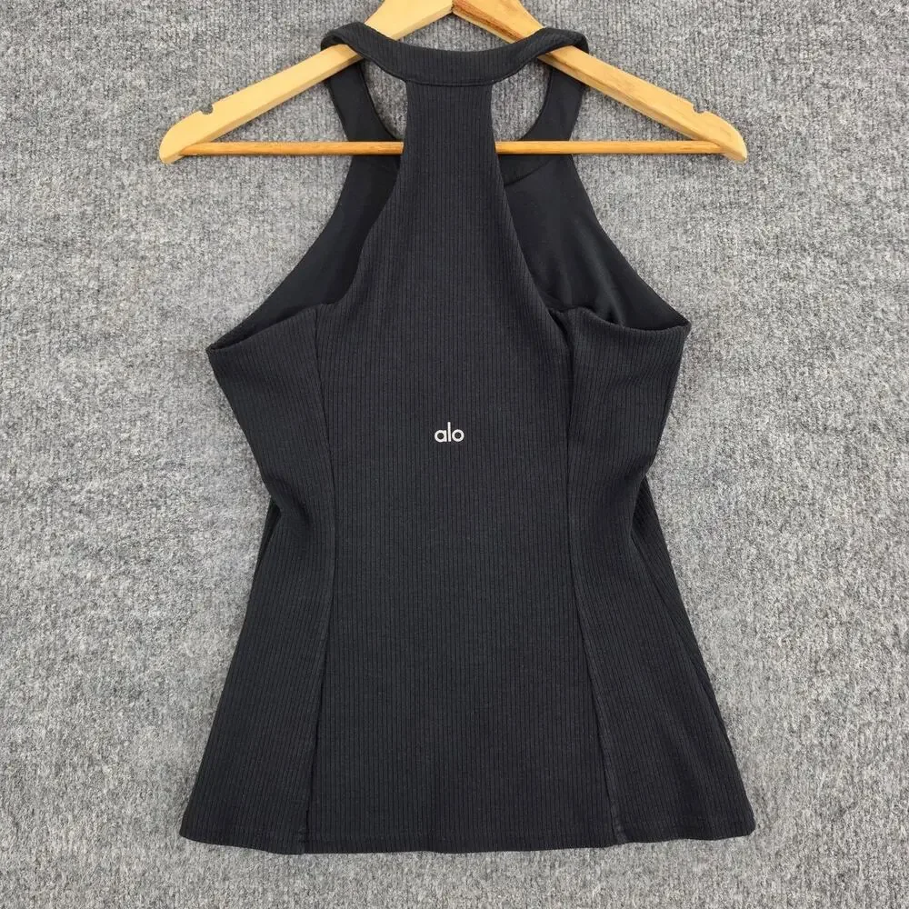 Alo Yoga Top Women Small Insight Tank Ribbed Halter Black Yoga Athletic Gym Chic
